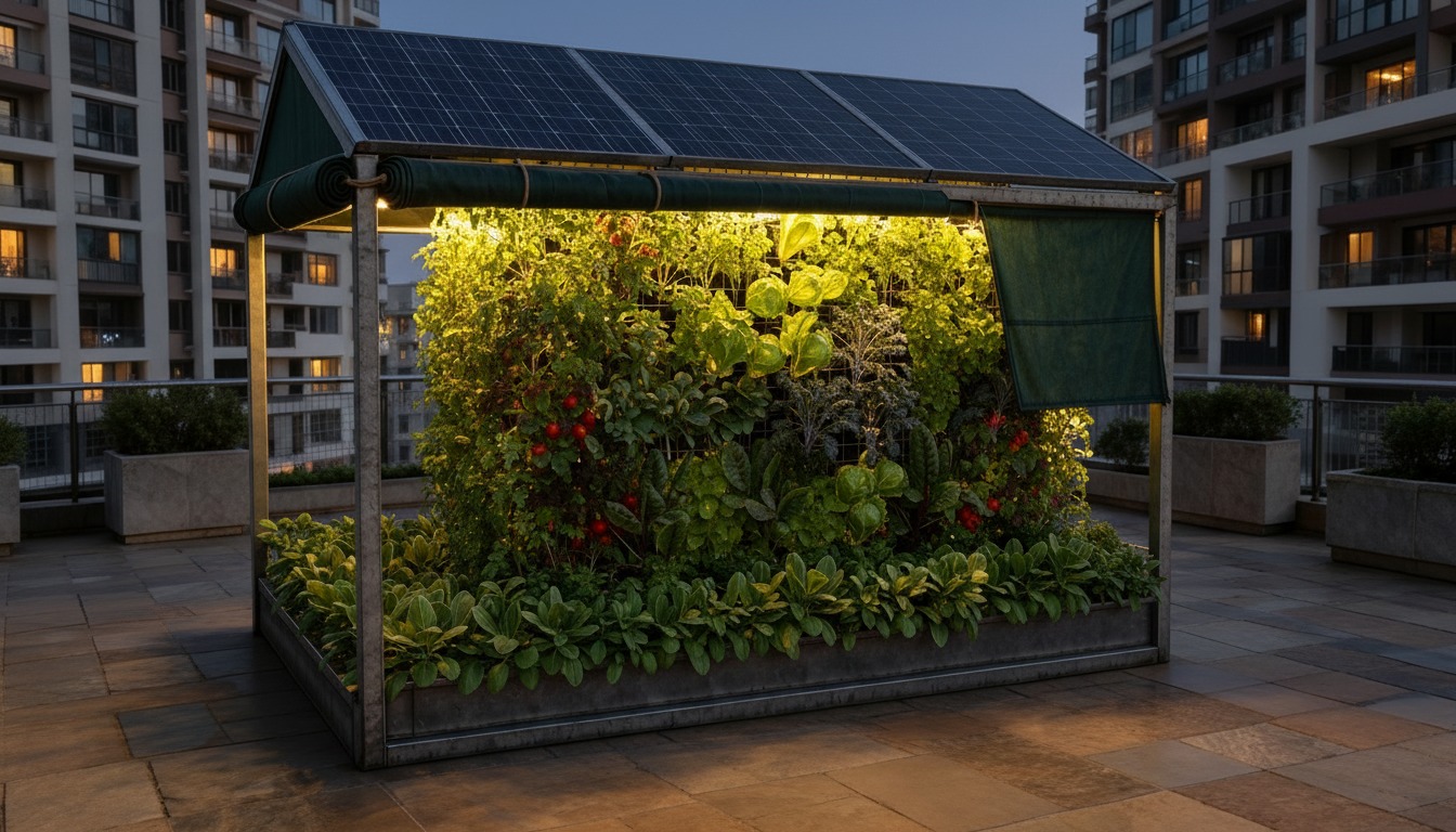 Complete Farmup modular natural farming system glowing at dusk on a city rooftop