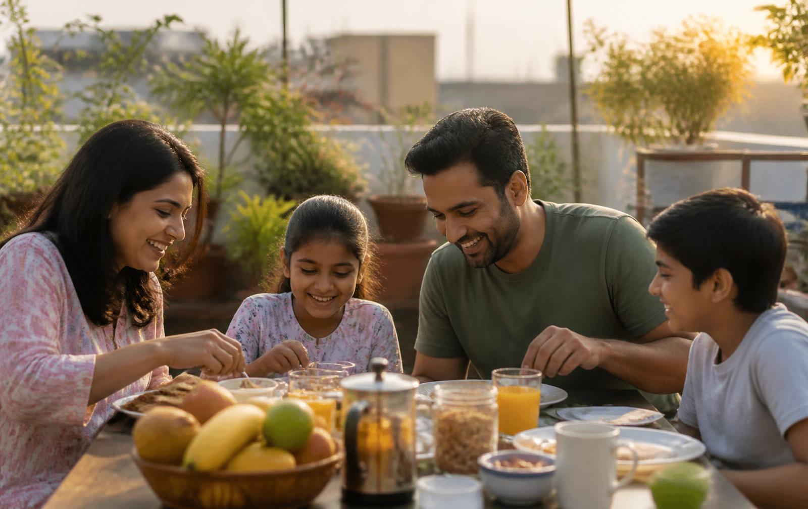 A family eating a home-grown breakfast on their terrace