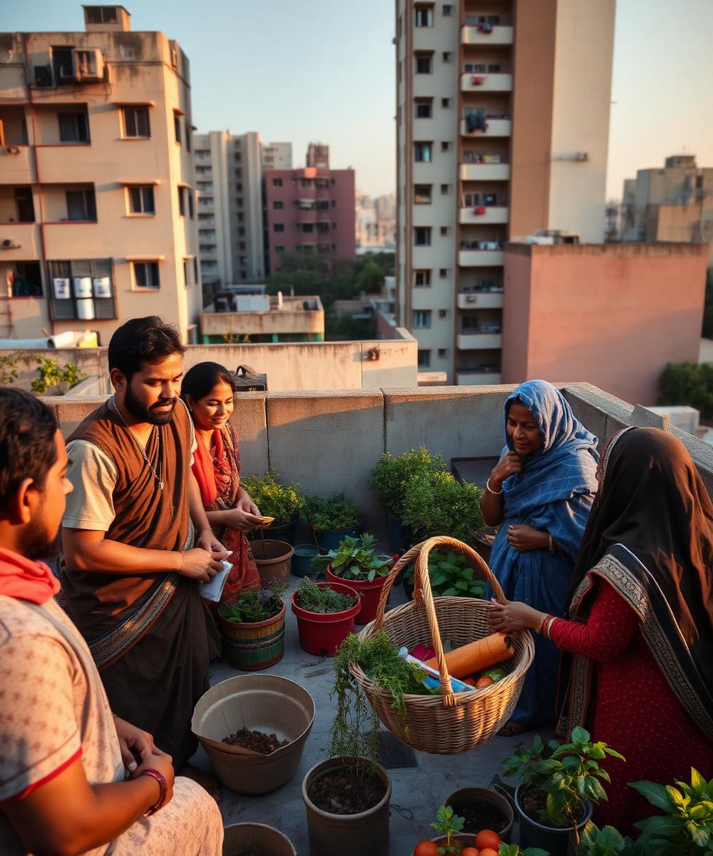Neighbours sharing a harvest basket on an apartment rooftop