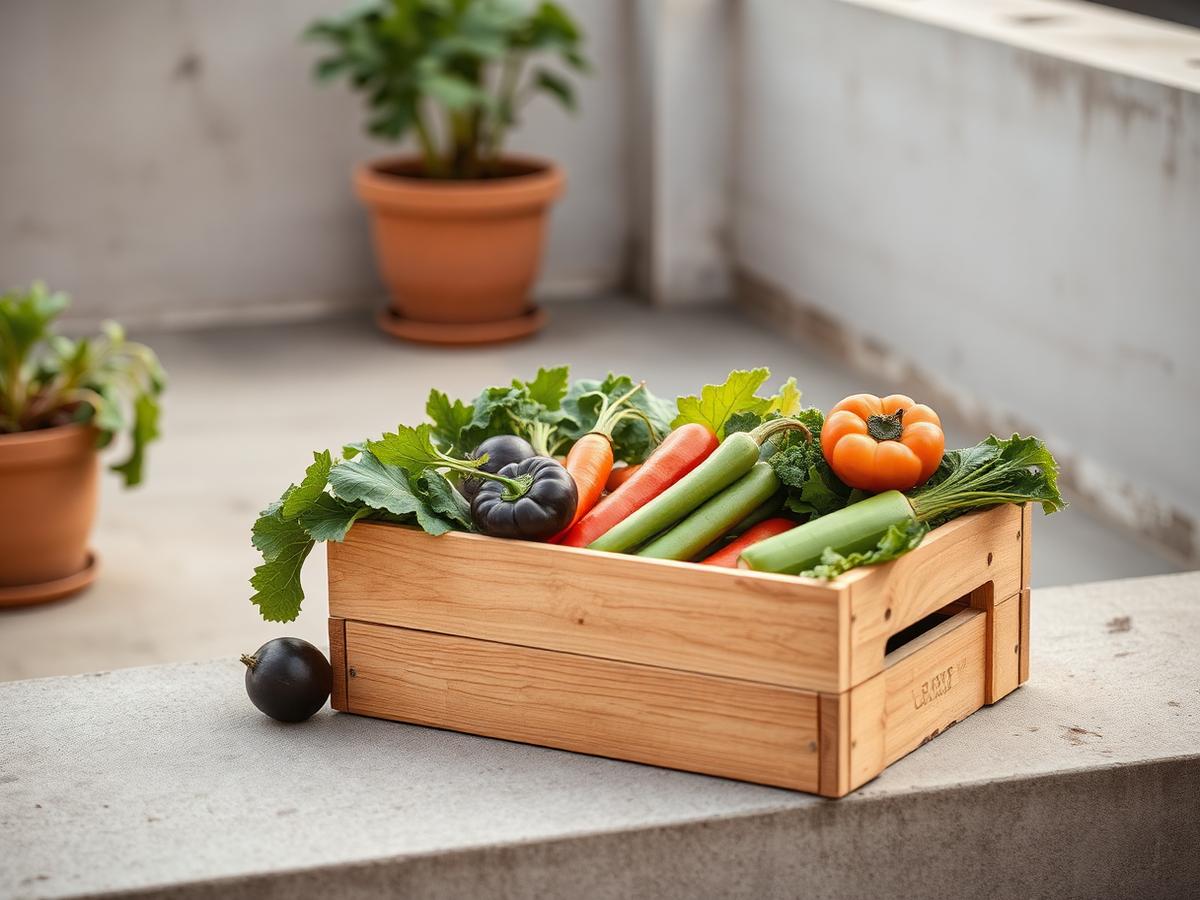 A crate of freshly harvested vegetables on a terrace ledge