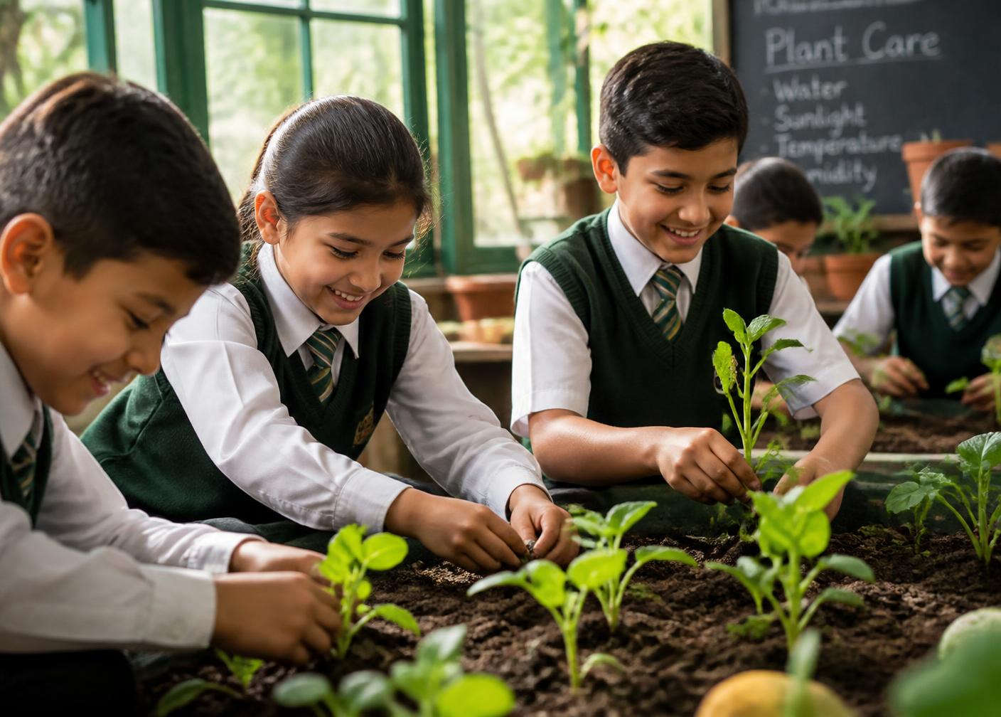 Schoolchildren planting seedlings in a garden classroom
