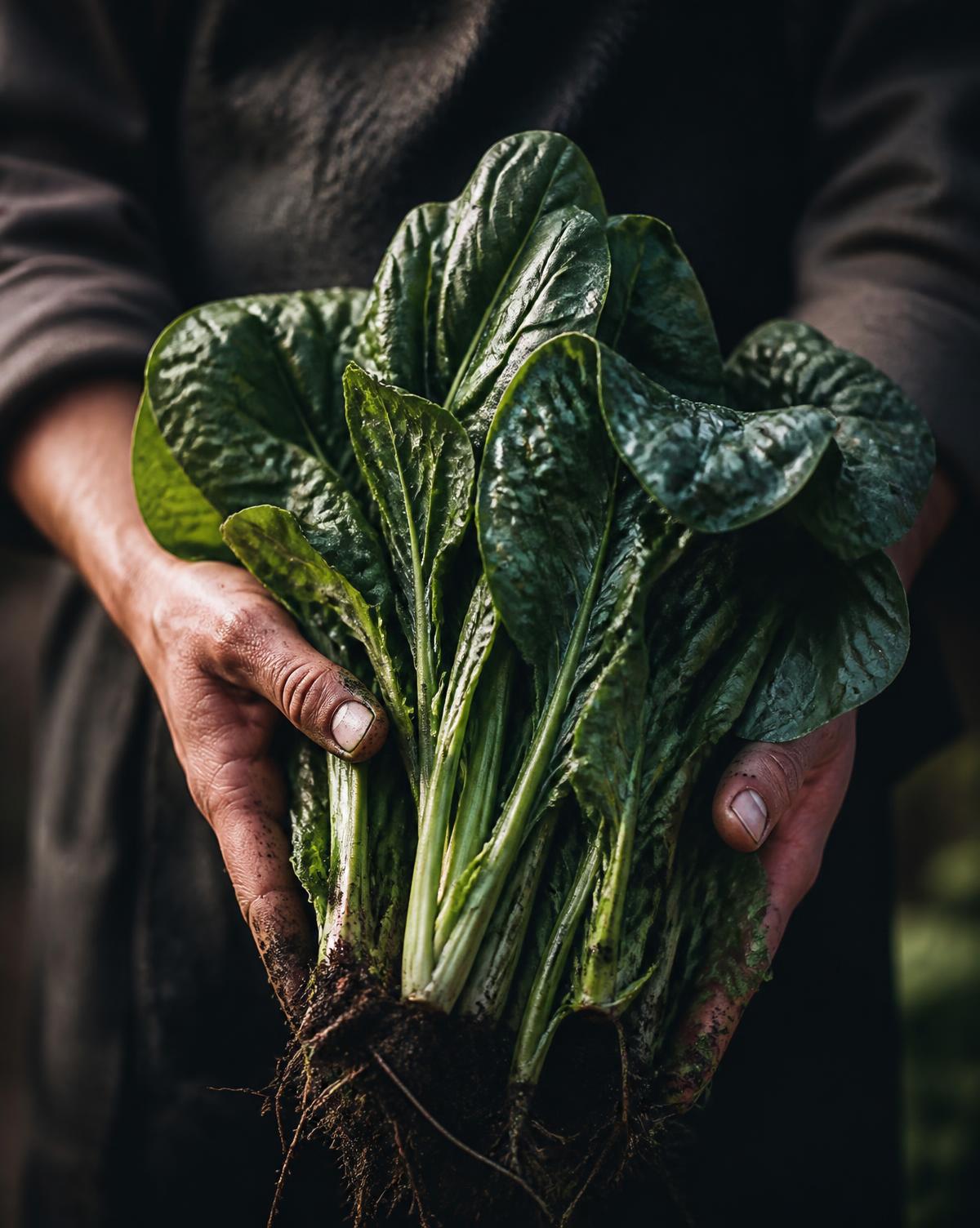 Hands holding freshly harvested greens with soil still on the roots